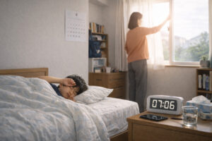朝7時頃、カーテンを開けて光を入れる母親と、まぶしそうに布団の中で目を細める子どもの姿