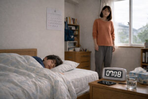 朝7時過ぎ、日本の家庭の寝室で、布団の中で眠る子どもを少し離れた場所から見守る母親の様子