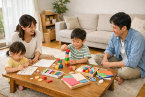 明るいリビングで積み木やお絵かきを楽しむ未就学児と見守る親