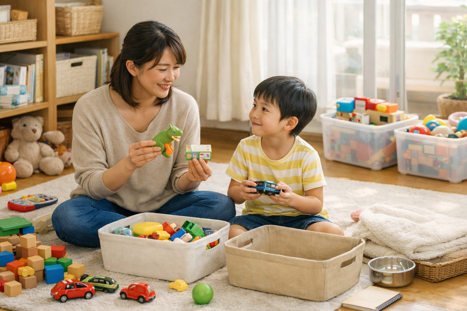 明るいリビングで親子が今あるおもちゃを見ながら選び方を考えている様子