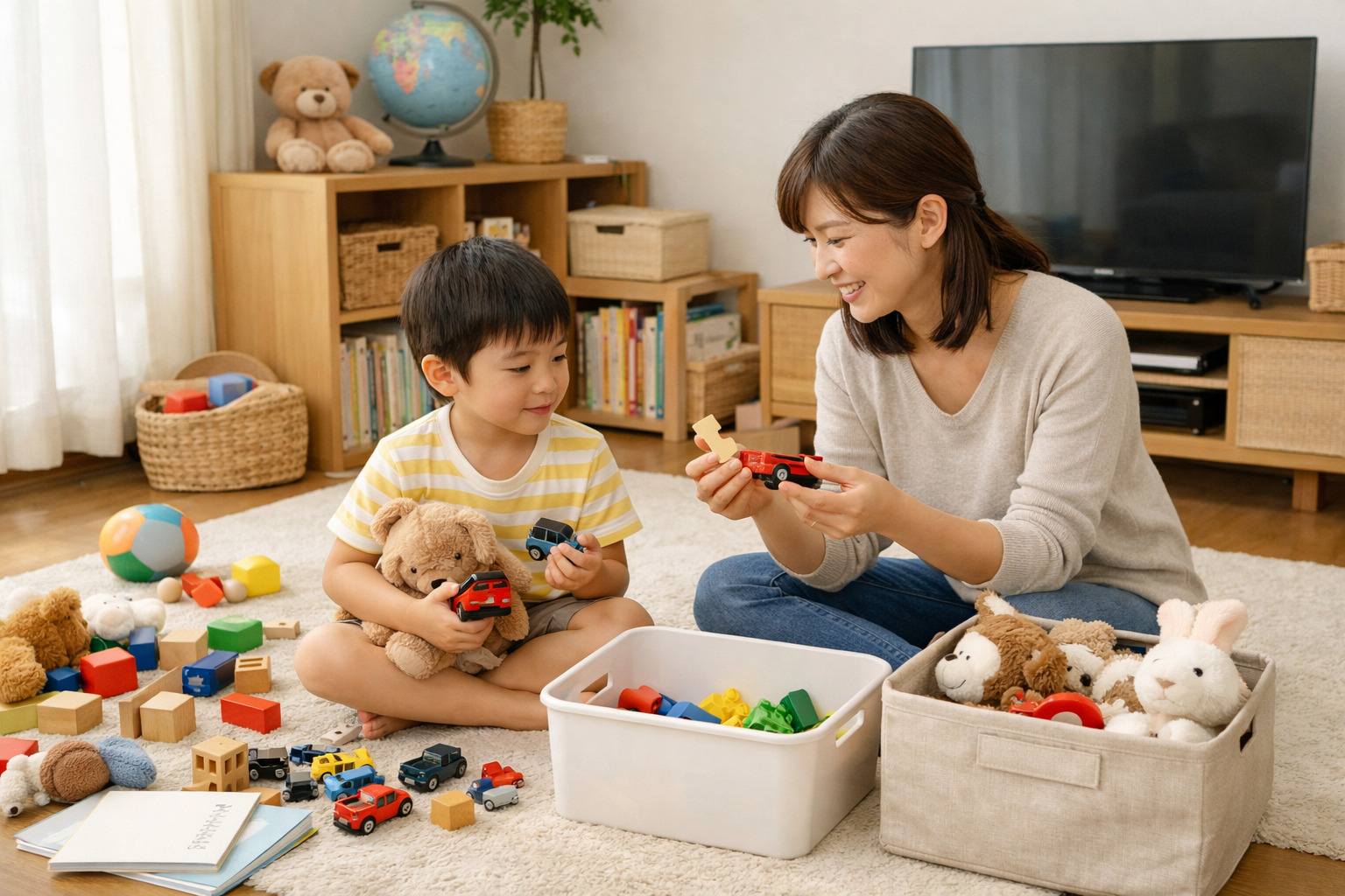 リビングで親子が今あるおもちゃや収納を確認しながら選び方を見直す様子