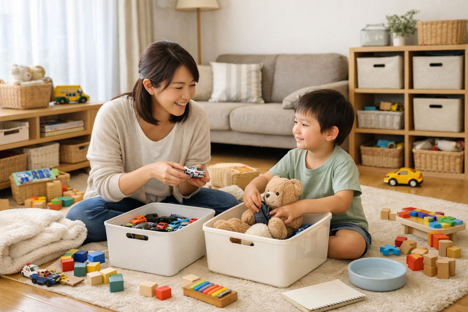 明るいリビングで増えたおもちゃを親子で整理しながら収納を見直す様子