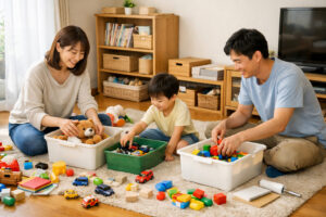 リビングで増えたおもちゃを親子で整理しながら片付ける様子
