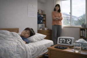 朝7時過ぎ、布団の中で目は開いているが起き上がれない子どもを静かに見守る母親の姿