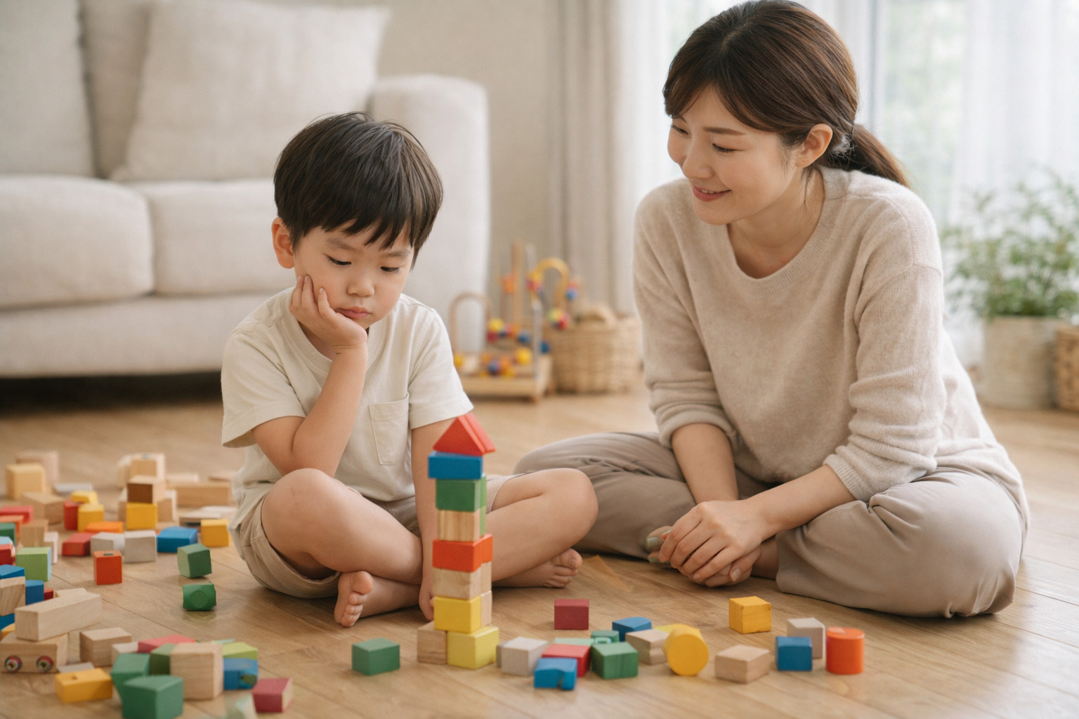 リビングで積み木遊びをしながら少し飽きた表情を見せる親子