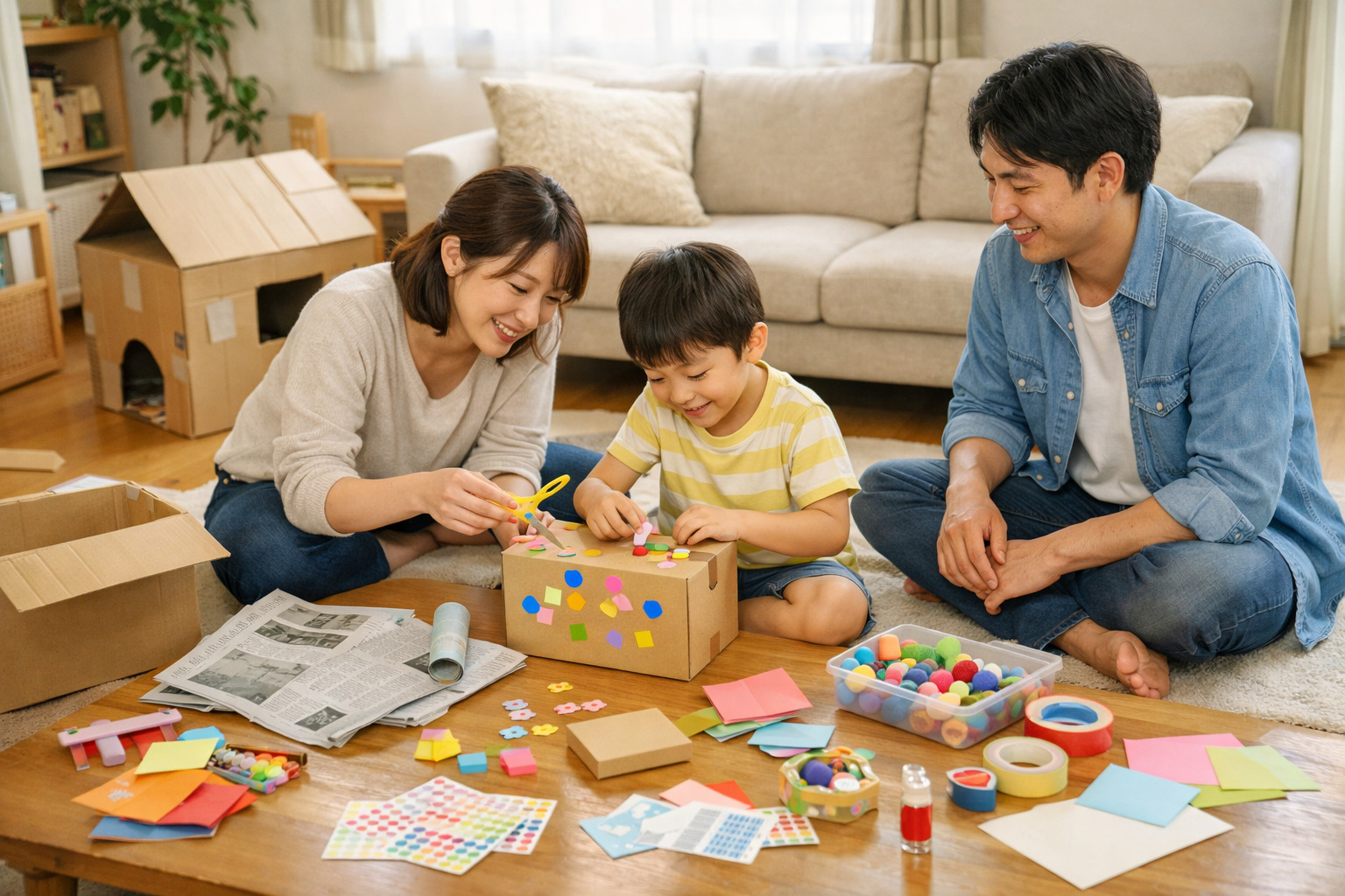 明るいリビングで新聞紙や工作素材を使っておうち遊びを楽しむ親子