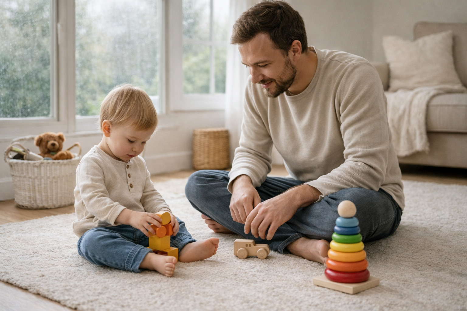 雨の日にリビングで親子がおうち遊びを始める様子