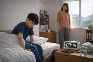 朝7時過ぎ、ベッドに座り込んでぼんやりする子どもを後ろから心配そうに見守る母親の様子