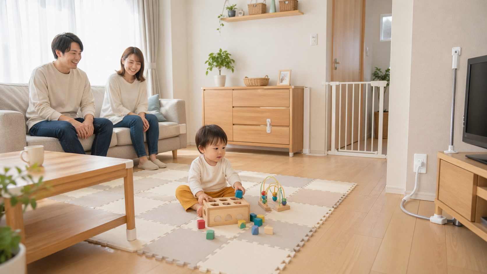 家庭内の安全対策が整ったリビングで幼い子どもを見守る親子の様子