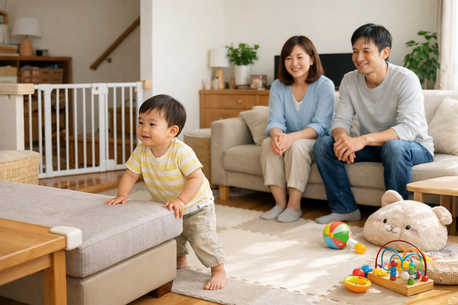 家の中で危ない行動をしそうな子どもを見守りながら、安全な環境を整える親の様子