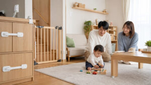 子どもの安全対策がされた明るい日本のリビングで親子が過ごす様子