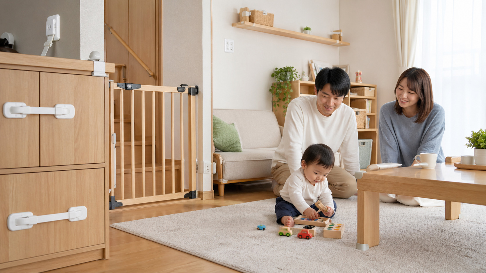 子どもの安全対策がされた明るい日本のリビングで親子が過ごす様子