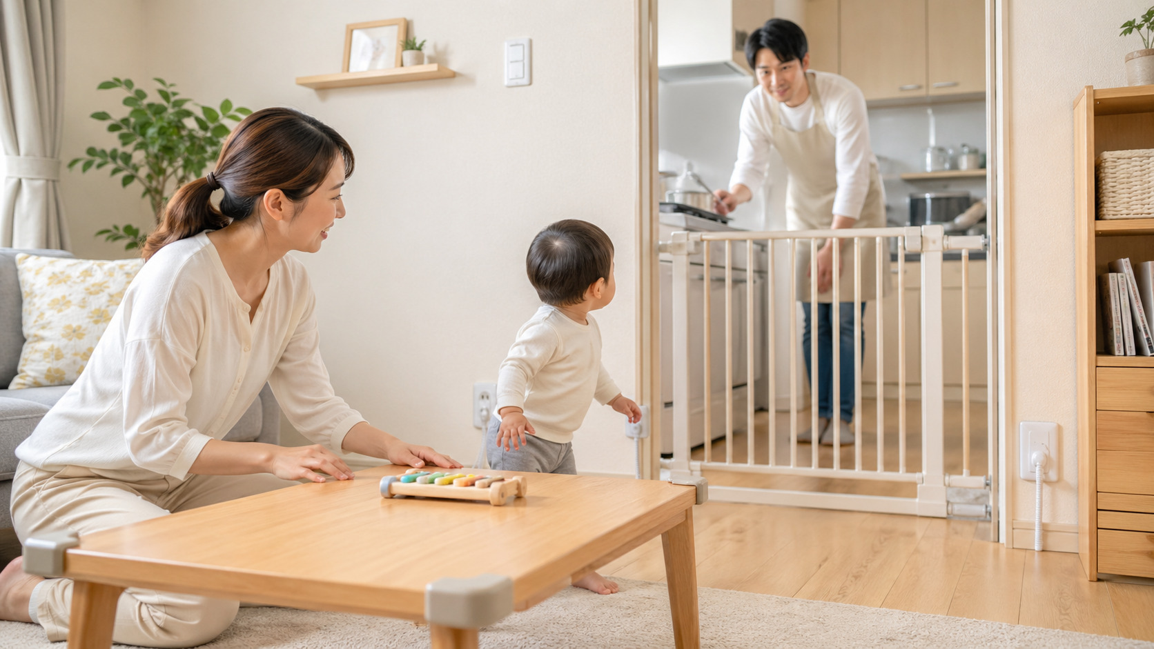 家の中で子どものヒヤリハットを防ぐために安全対策を見直す親子の様子