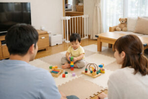子どもの事故を防ぐために安全対策を整えた日本のリビングと見守る親子の様子