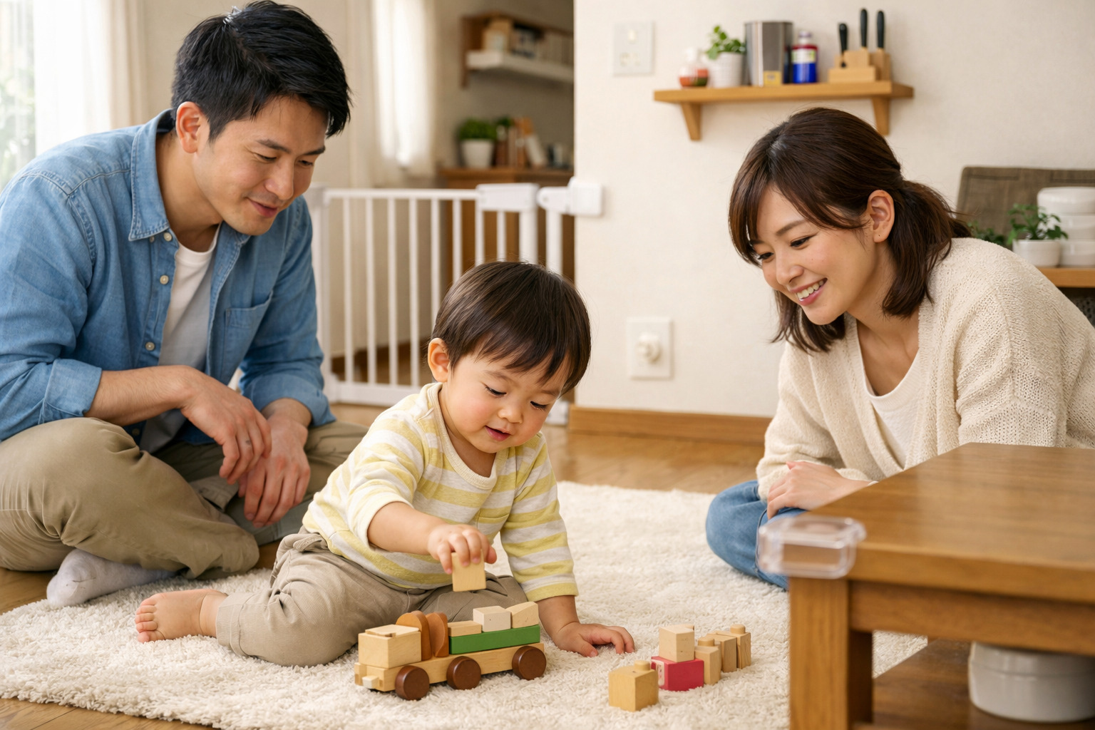 家の中で子どもの安全を見守りながら、親が落ち着いて声かけをしている日本の家庭の様子