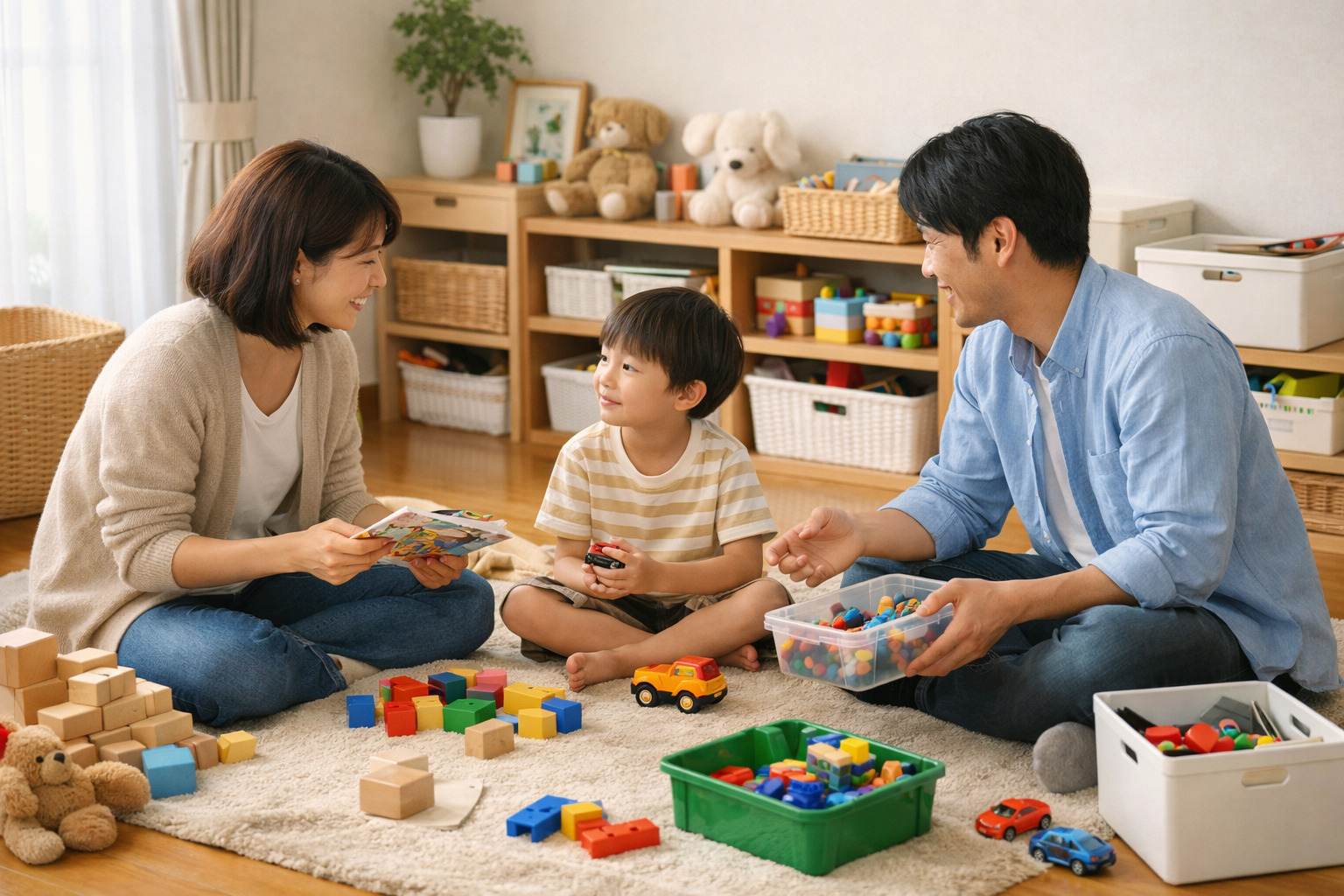 明るいリビングで親子が今あるおもちゃを見ながら遊び方を考えている様子