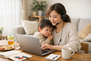 リモートワーク中の親が会議をしながら、そばでぐずりそうな子どもを落ち着いて見守っている家庭の様子