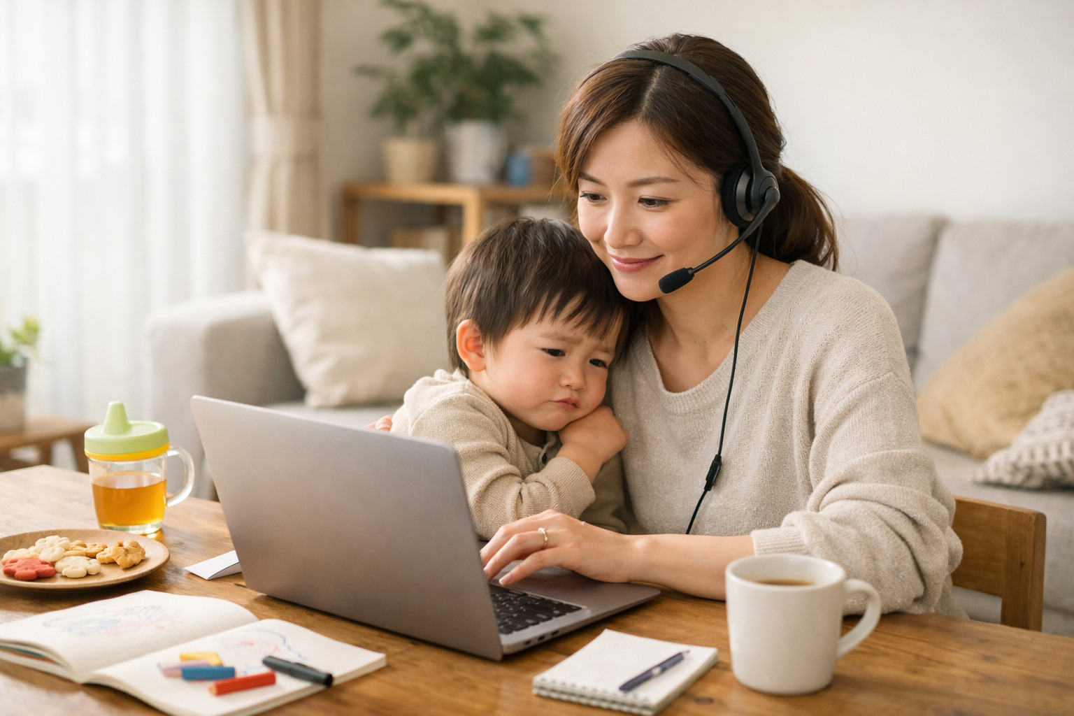 リモートワーク中の親が会議をしながら、そばでぐずりそうな子どもを落ち着いて見守っている家庭の様子