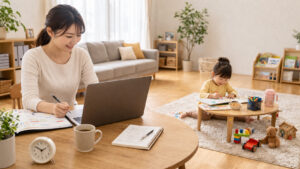 自宅で仕事をしながら子どもを見守る親のリモートワーク風景