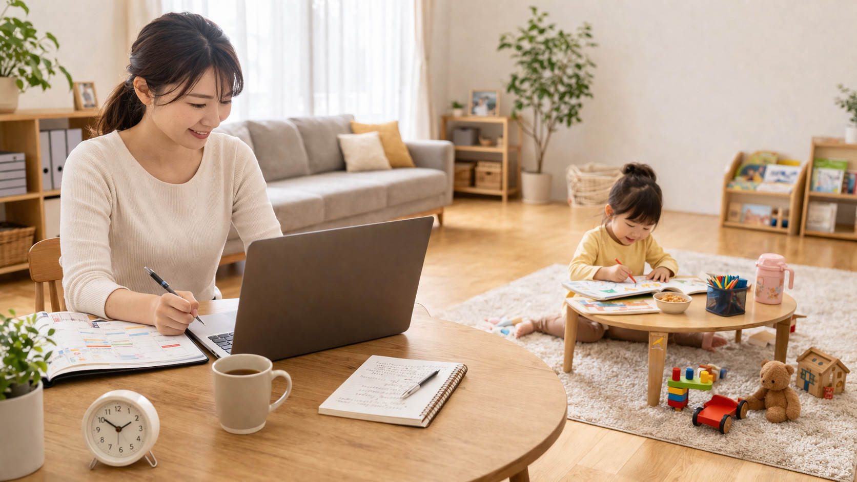 自宅で仕事をしながら子どもを見守る親のリモートワーク風景
