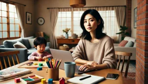 在宅勤務をしながら子どものそばで仕事をする親の様子