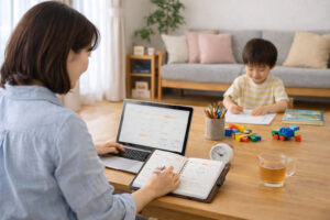 自宅で仕事と育児の予定を整えながら子どもを見守る親の様子