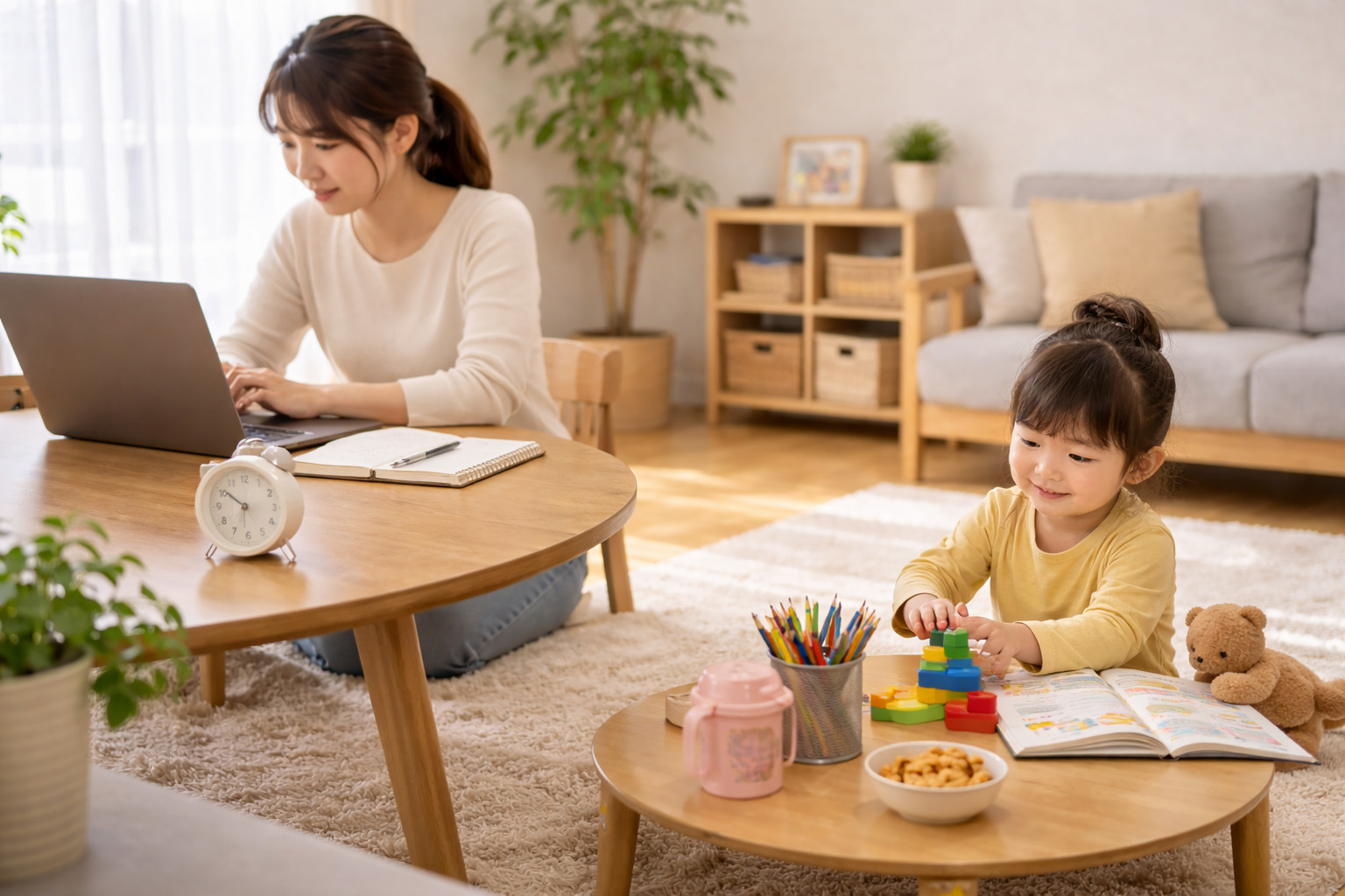 在宅勤務中の親のそばで子どもが遊んでいる家庭の様子