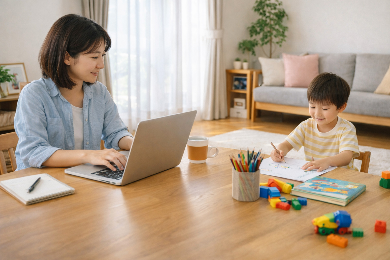 自宅で仕事をしながら子どもを見守る親の在宅勤務風景