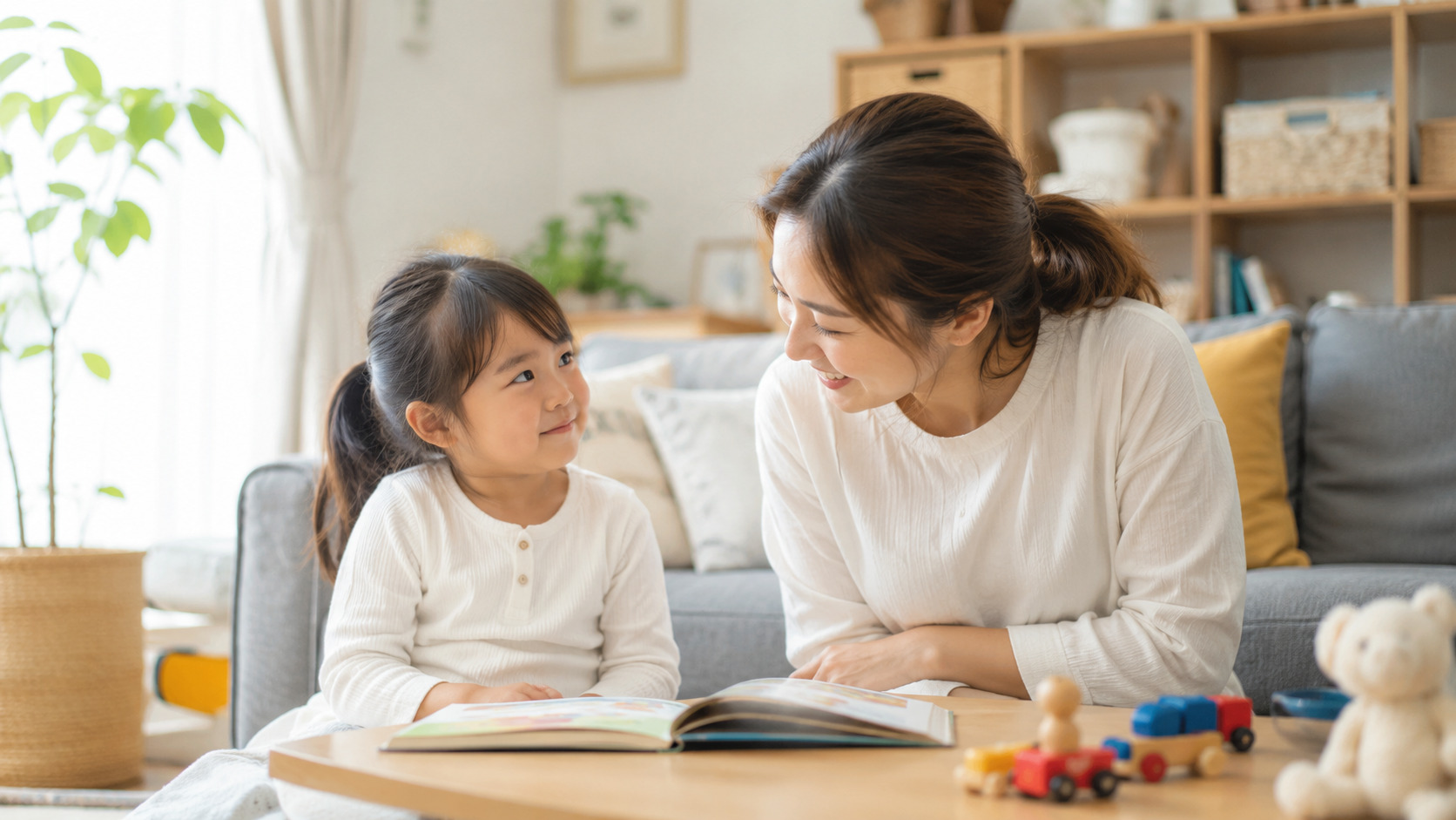 親が子どもにやさしく寄り添いながらありがとうやごめんなさいを伝える練習をしている様子