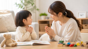 ありがとうやごめんなさいを親子で練習している温かい家庭の場面