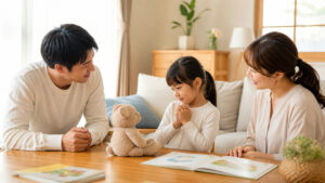 親子でありがとうとごめんなさいをやさしく練習する子ども