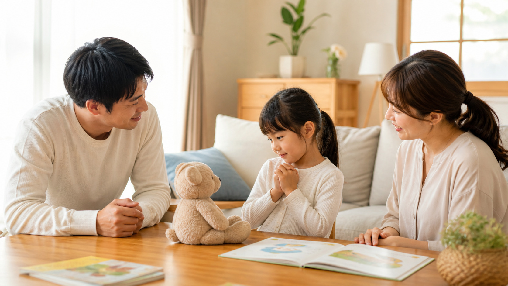 親子でありがとうとごめんなさいをやさしく練習する子ども