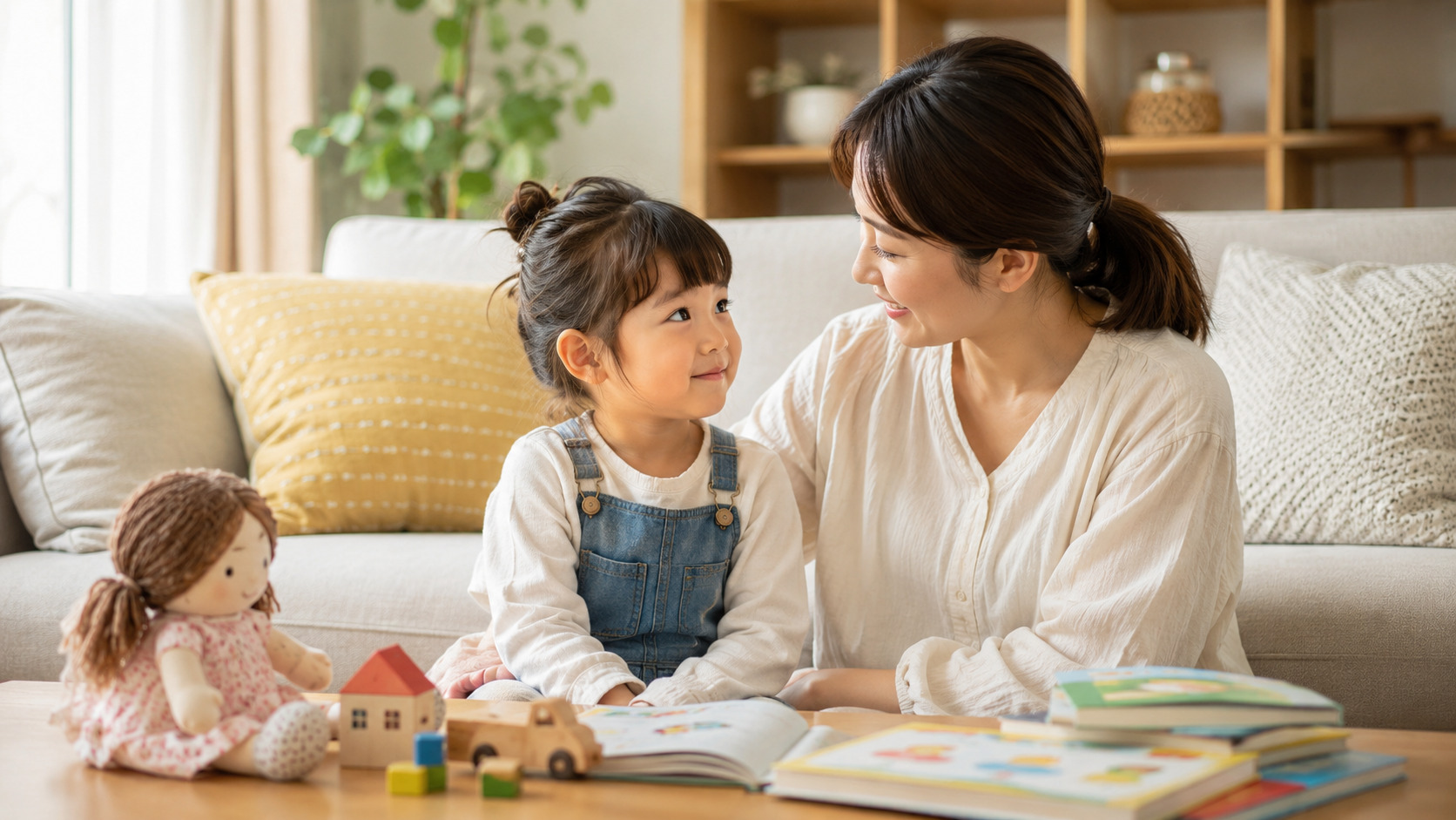 親子が日常会話の中でありがとうとごめんなさいを練習している様子