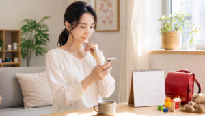 ママ友との距離感に悩みながらスマホを見つめる母親