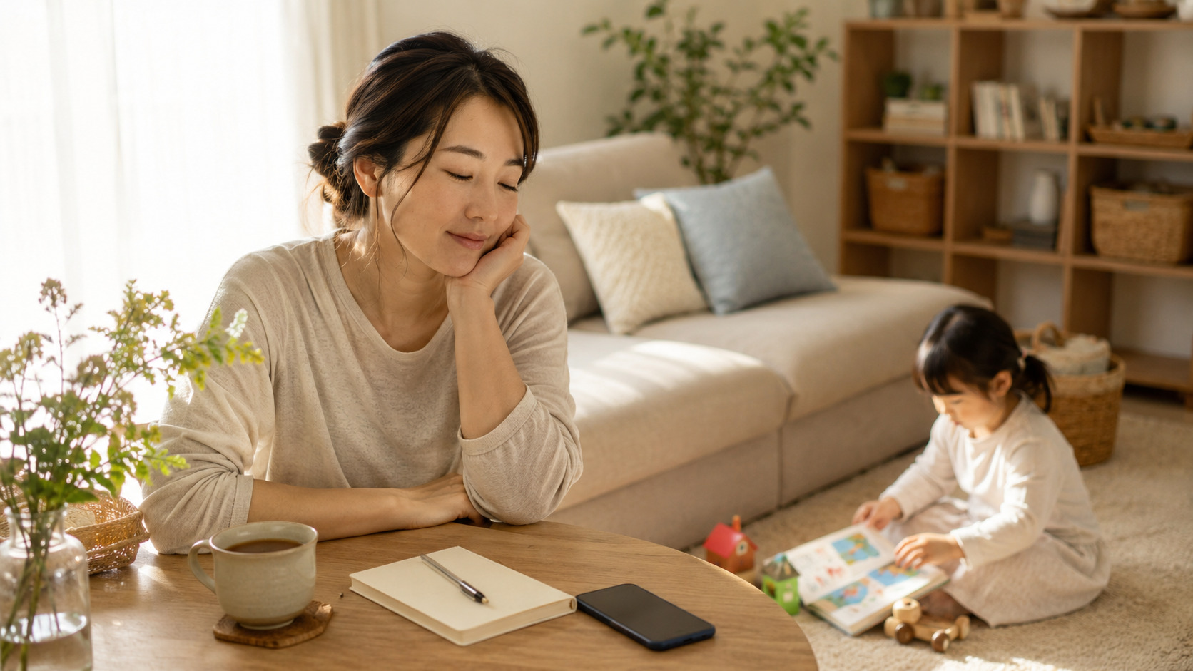 ママ友付き合いやSNS疲れから少し距離を置き、穏やかに過ごす母親と子ども