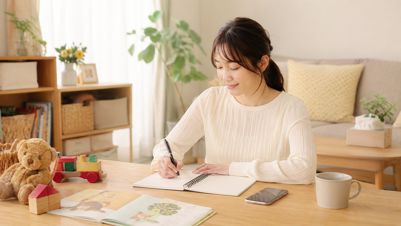ママ友との距離感に悩む母親がリビングでスマホを置き、落ち着いて気持ちを整理している様子