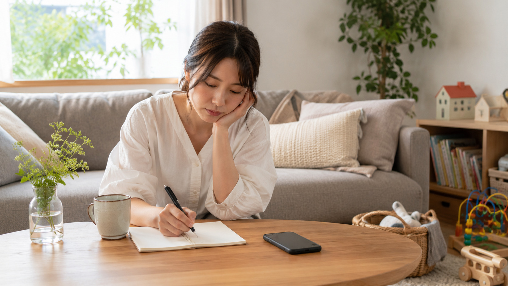 ママ友付き合いに疲れた母親が静かなリビングで気持ちを整理している様子